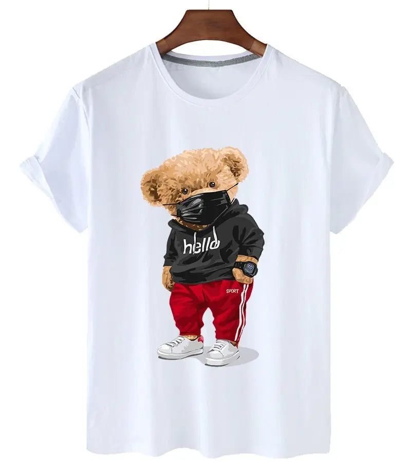 100% Cotton Sports Mask Bear Print Short-sleeved T-shirt Female Half-sleeved Casual Oversized T-shirt - Blade & Thread