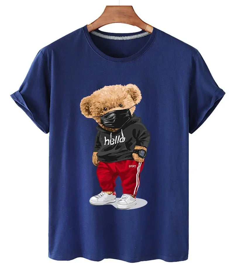 100% Cotton Sports Mask Bear Print Short-sleeved T-shirt Female Half-sleeved Casual Oversized T-shirt nowadaysfashion