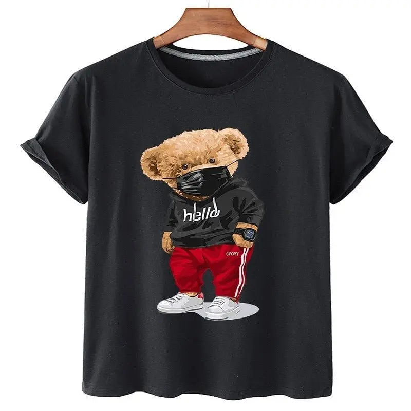 100% Cotton Sports Mask Bear Print Short-sleeved T-shirt Female Half-sleeved Casual Oversized T-shirt nowadaysfashion