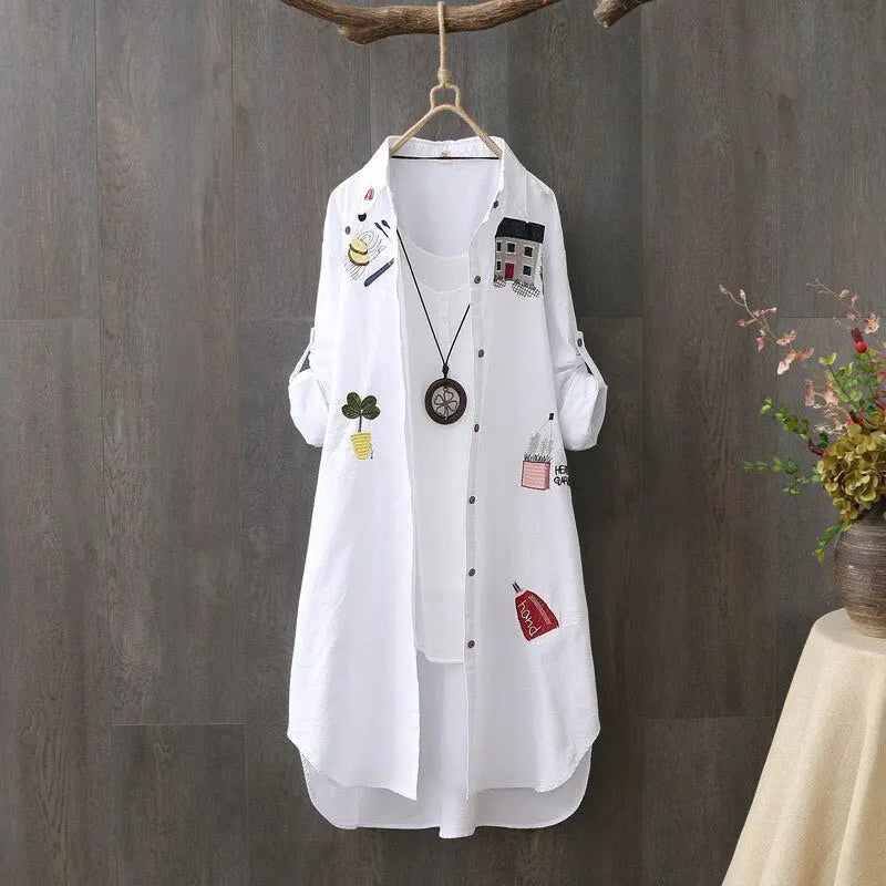 100% Cotton Women White Floral Embroidery Blouse Long Sleeve Turn Down Collar Shirt - Blade & Thread