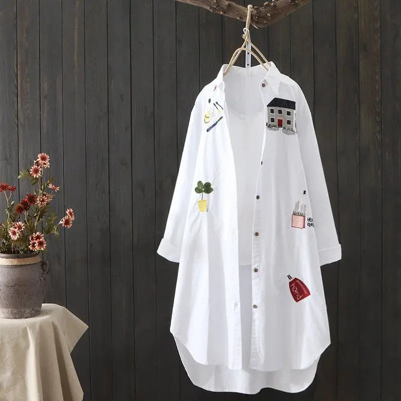 100% Cotton Women White Floral Embroidery Blouse Long Sleeve Turn Down Collar Shirt nowadaysfashion