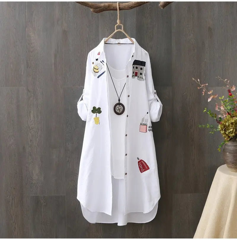 100% Cotton Women White Floral Embroidery Blouse Long Sleeve Turn Down Collar Shirt nowadaysfashion