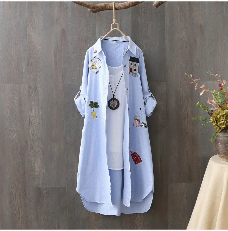 100% Cotton Women White Floral Embroidery Blouse Long Sleeve Turn Down Collar Shirt - Blade & Thread