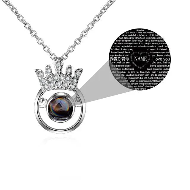100 Languages I Love You Personalized Name Projection Necklace Classic Round Crown Pendant nowadaysfashion