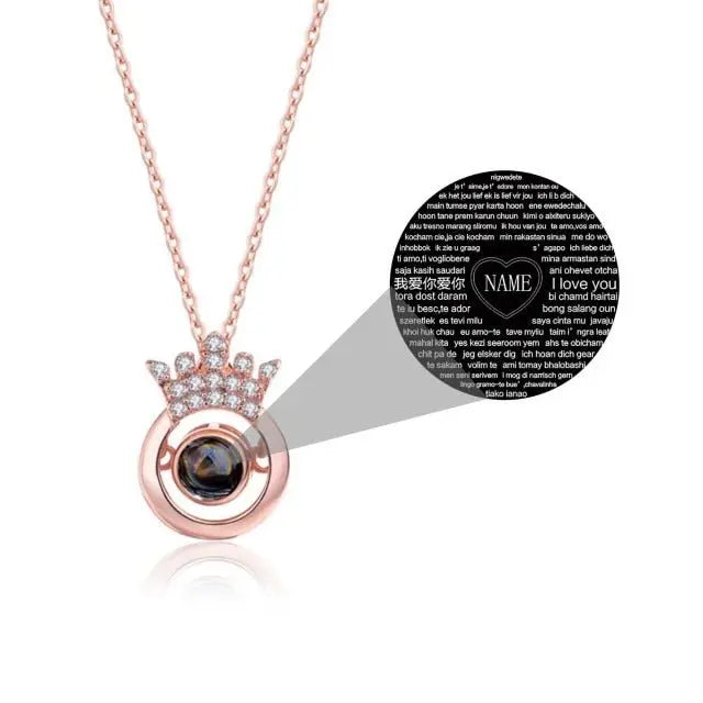 100 Languages I Love You Personalized Name Projection Necklace Classic Round Crown Pendant nowadaysfashion