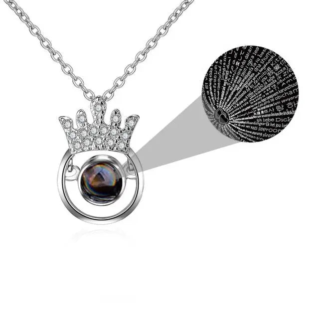 100 Languages I Love You Personalized Name Projection Necklace Classic Round Crown Pendant nowadaysfashion