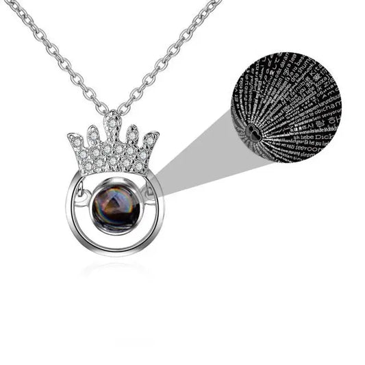 100 Languages I Love You Personalized Name Projection Necklace Classic Round Crown Pendant - Blade & Thread