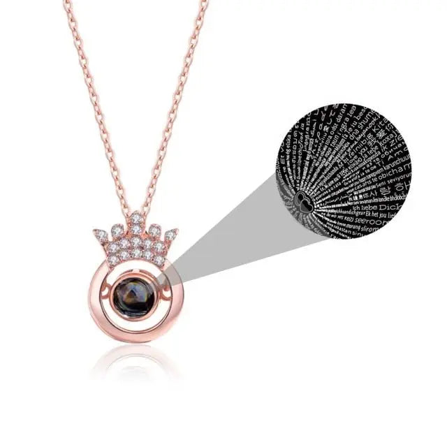 100 Languages I Love You Personalized Name Projection Necklace Classic Round Crown Pendant nowadaysfashion