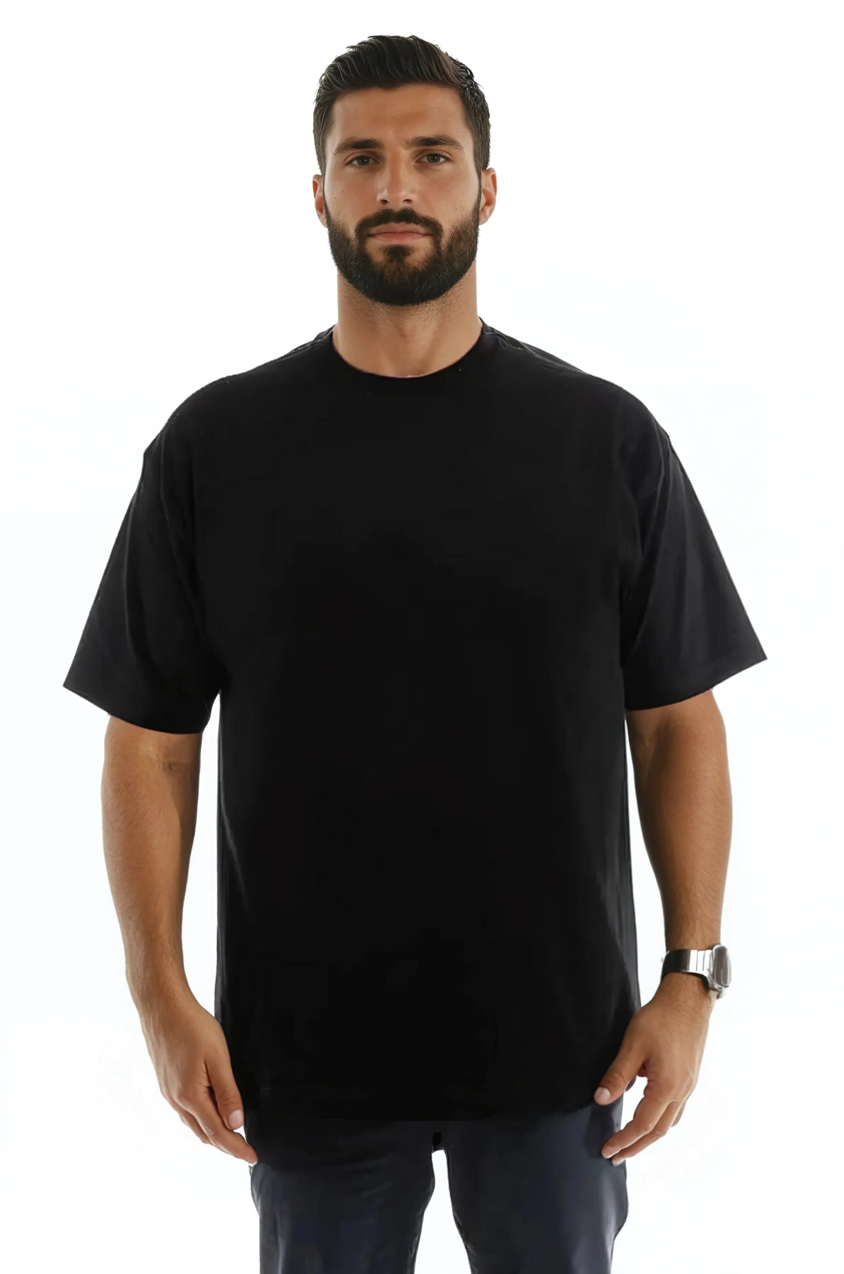 Black men's Roughneck T-Shirt by SpectraUSA, front view showing crew neck and casual fit.