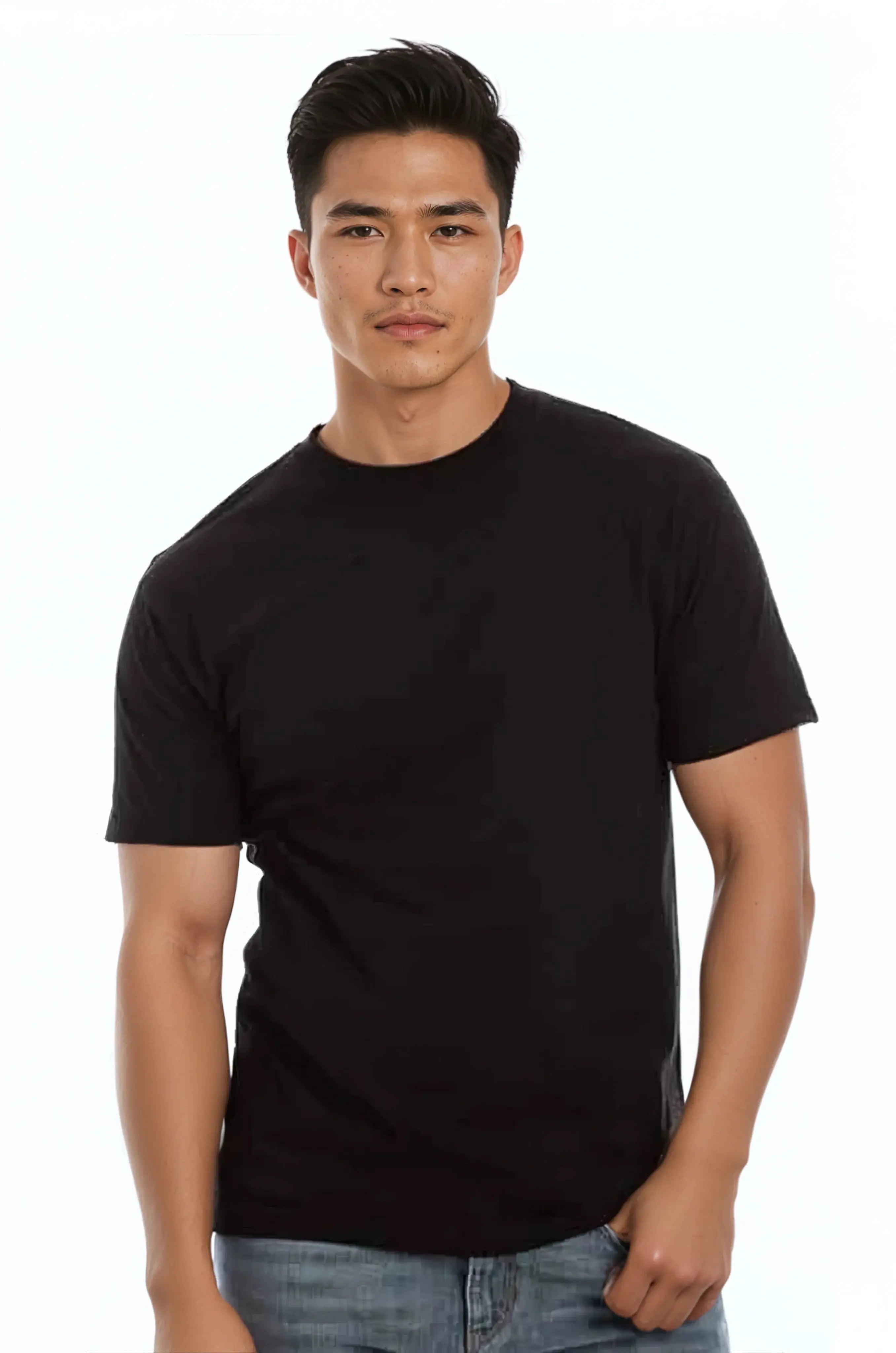Black men's Roughneck T-Shirt by SpectraUSA featuring a front view with a classic crew neck and simple design.