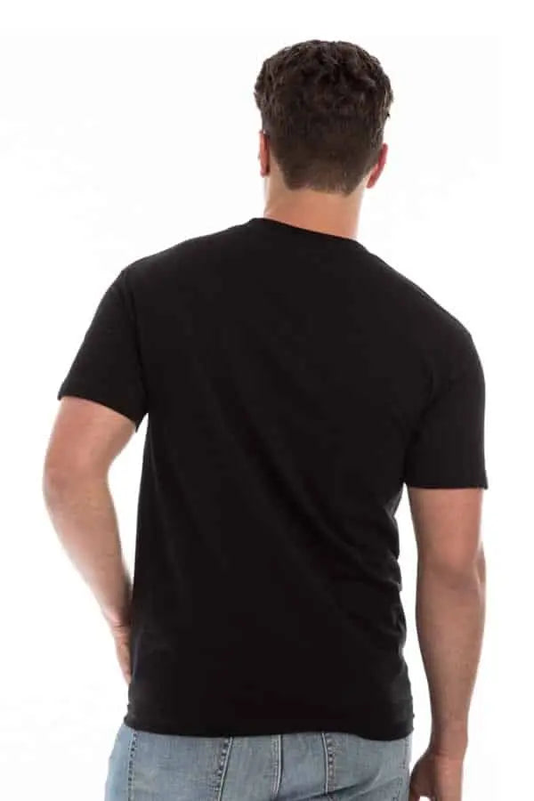 Black men's Roughneck T-shirt by SpectraUSA displayed on a model, showcasing the comfortable fit and simple design.