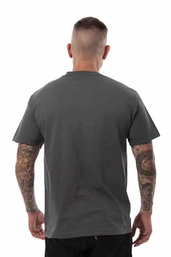 Men's charcoal gray Roughneck T-Shirt by SpectraUSA, front and back view showing comfortable fit and casual style.