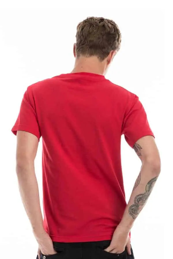 Men's red Roughneck T-shirt by SpectraUSA, front view showing the fit and design, with the back side visible in the image.