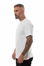 Men's White Roughneck T-Shirt by SpectraUSA, side view showing comfortable fit and simple crew neckline.