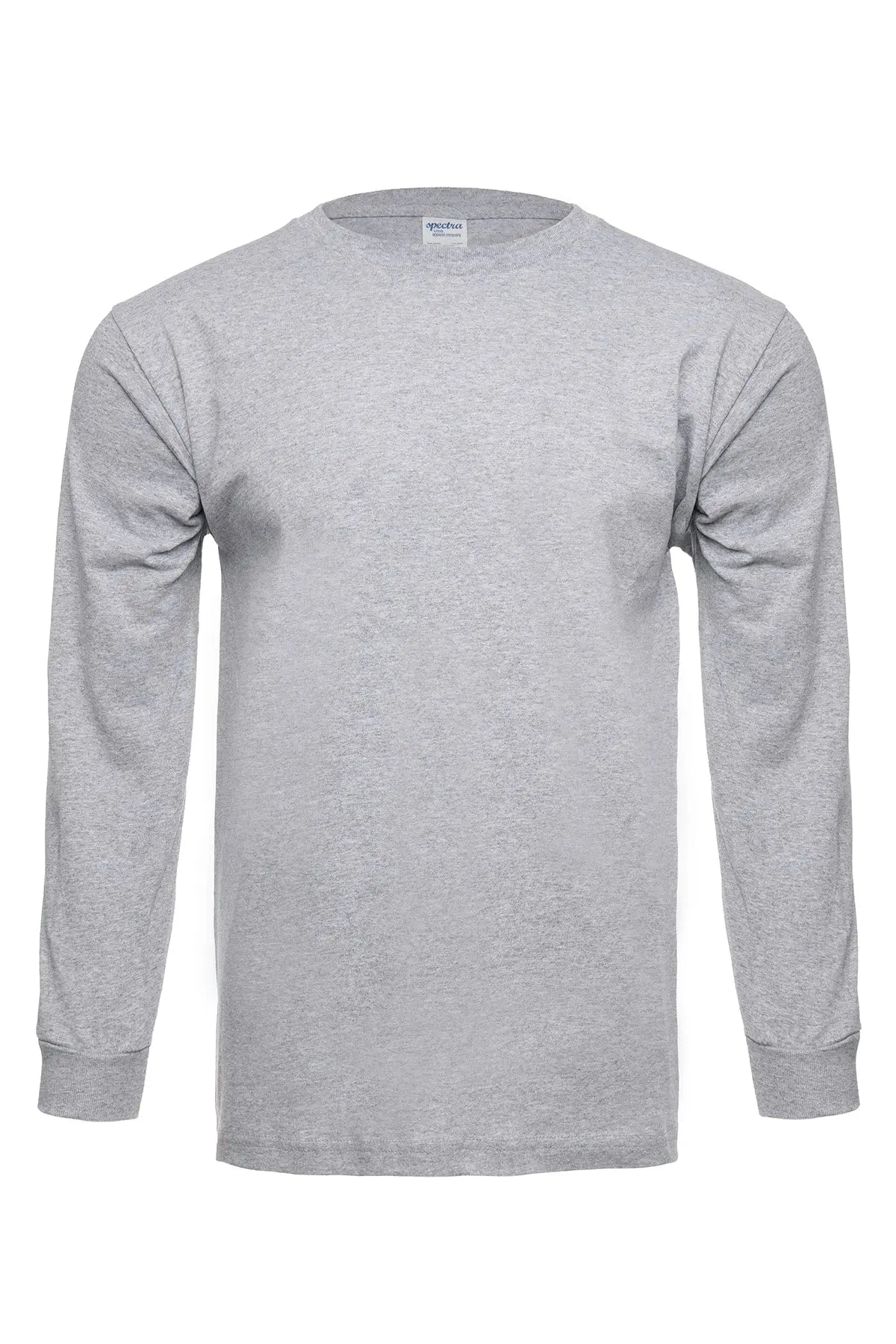 Men's heather grey long sleeve shirt from SpectraUSA, model Roughneck 1304, front view showing comfortable fit and fabric texture.