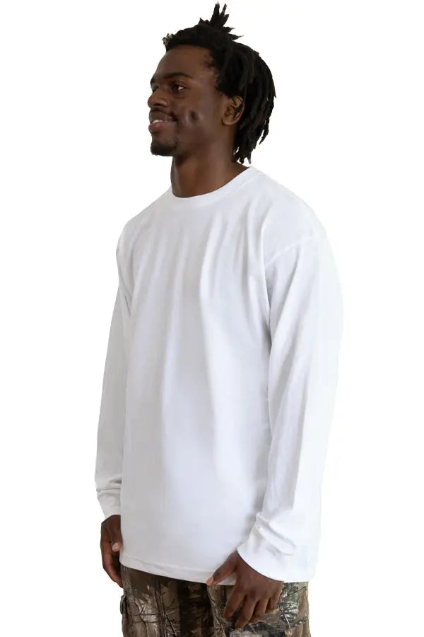 SpectraUSA Roughneck men's long sleeve white T-shirt, casual fit, with crew neckline, shown on model.