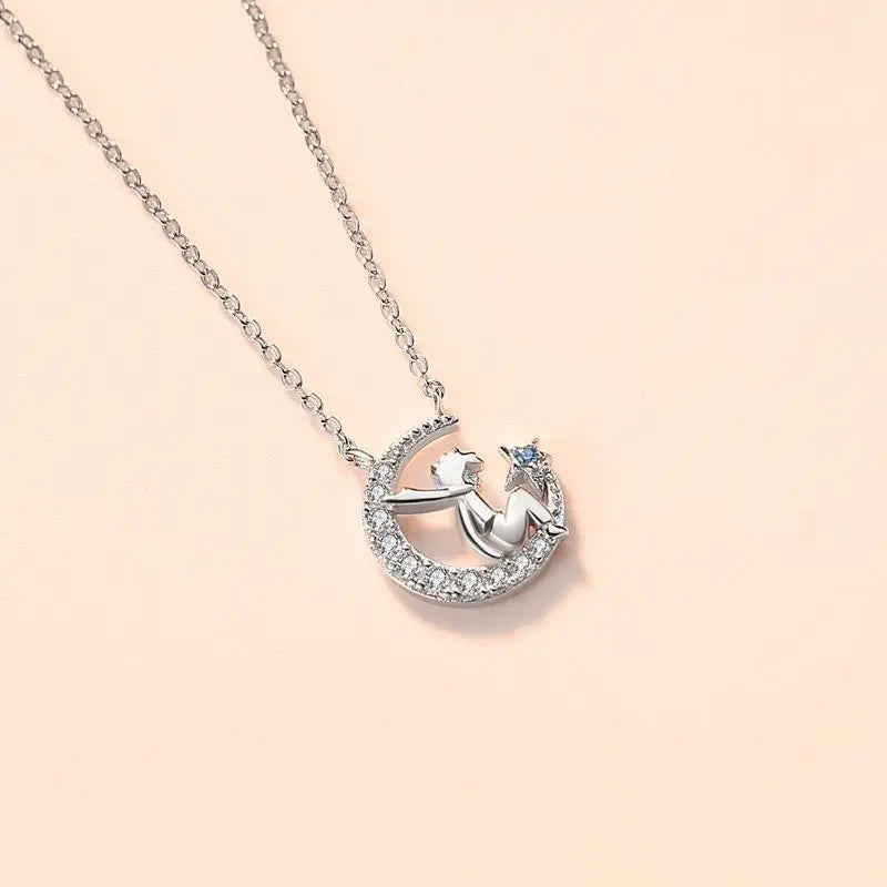 The little prince necklace s925 sterling silver star and moon pendant collarbone chain nowadaysfashion