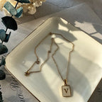 18K Golden Chain Necklaces Male Square Natural Shell Initial Letters Pendant Stainless Steel Jewelry nowadaysfashion