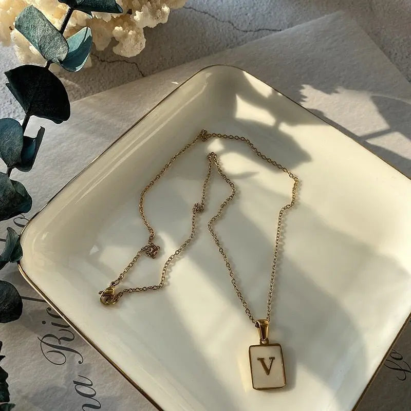 18K Golden Chain Necklaces Male Square Natural Shell Initial Letters Pendant Stainless Steel Jewelry - Blade & Thread