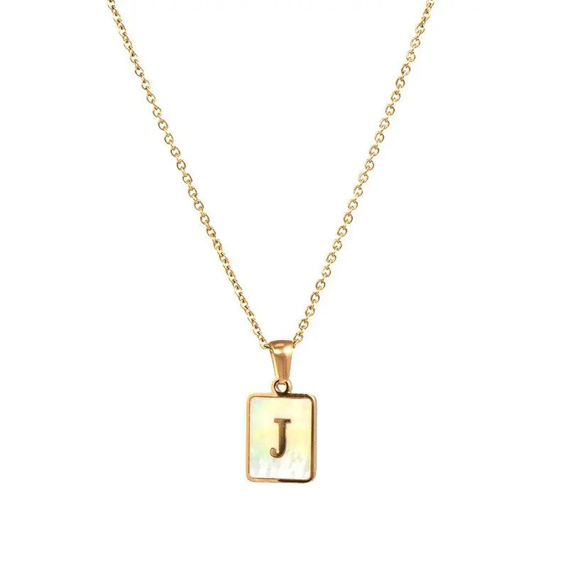 18K Golden Chain Necklaces Male Square Natural Shell Initial Letters Pendant Stainless Steel Jewelry - Blade & Thread