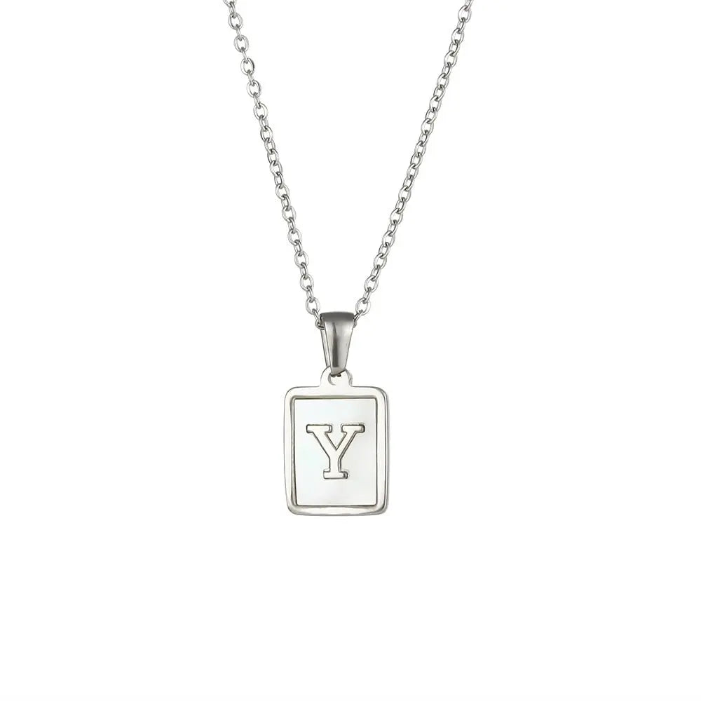 18K Golden Chain Necklaces Male Square Natural Shell Initial Letters Pendant Stainless Steel Jewelry - Blade & Thread