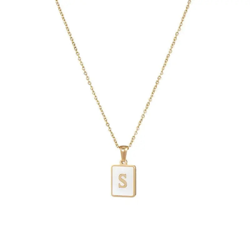 18K Golden Chain Necklaces Male Square Natural Shell Initial Letters Pendant Stainless Steel Jewelry - Blade & Thread