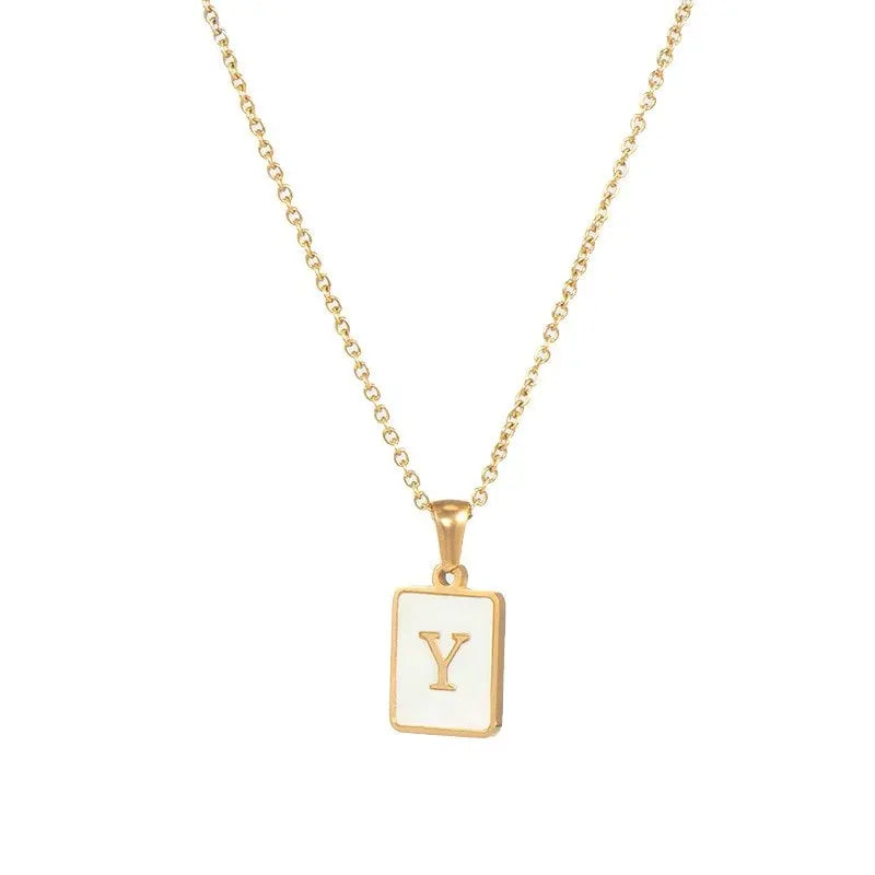 18K Golden Chain Necklaces Male Square Natural Shell Initial Letters Pendant Stainless Steel Jewelry - Blade & Thread