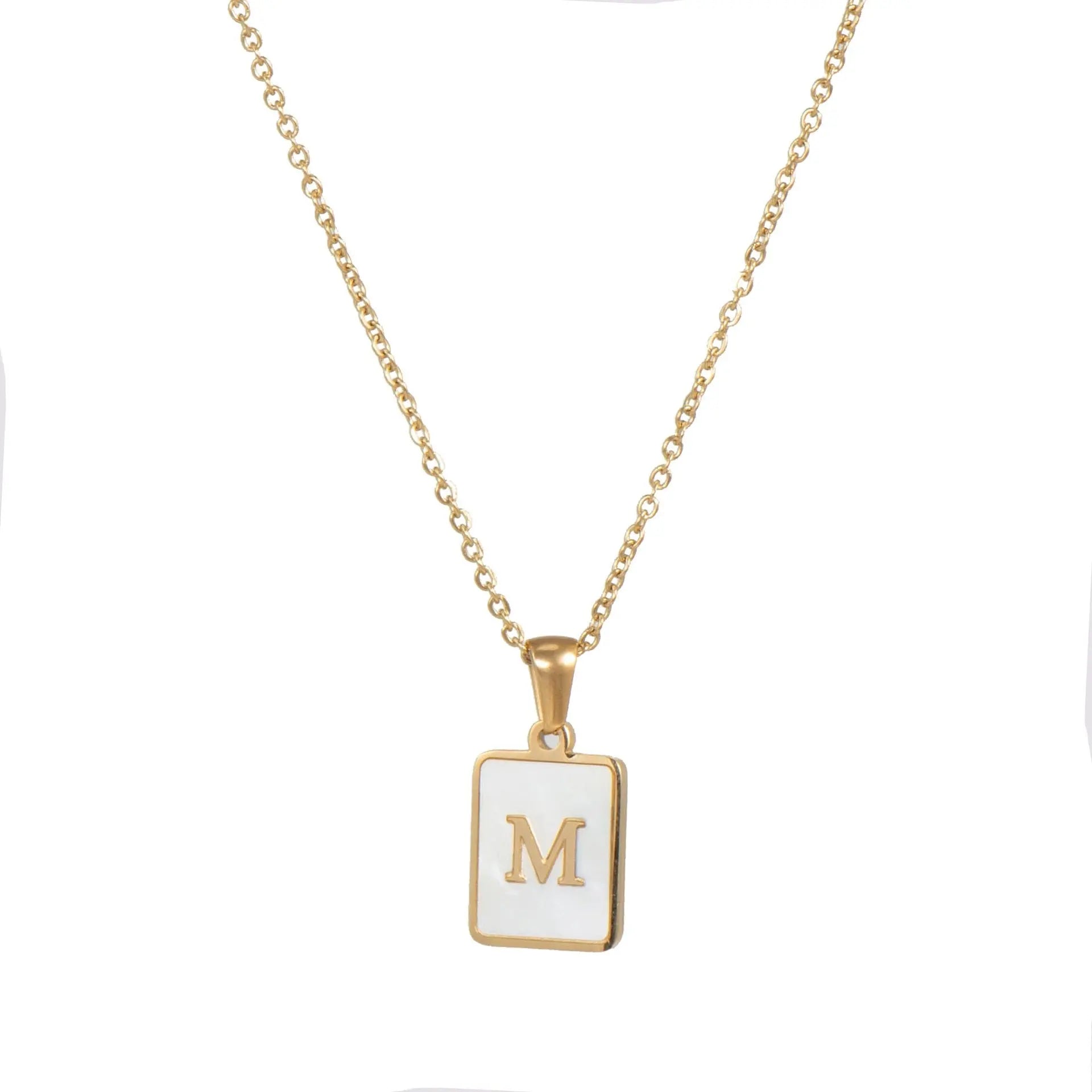 18K Golden Chain Necklaces Male Square Natural Shell Initial Letters Pendant Stainless Steel Jewelry nowadaysfashion