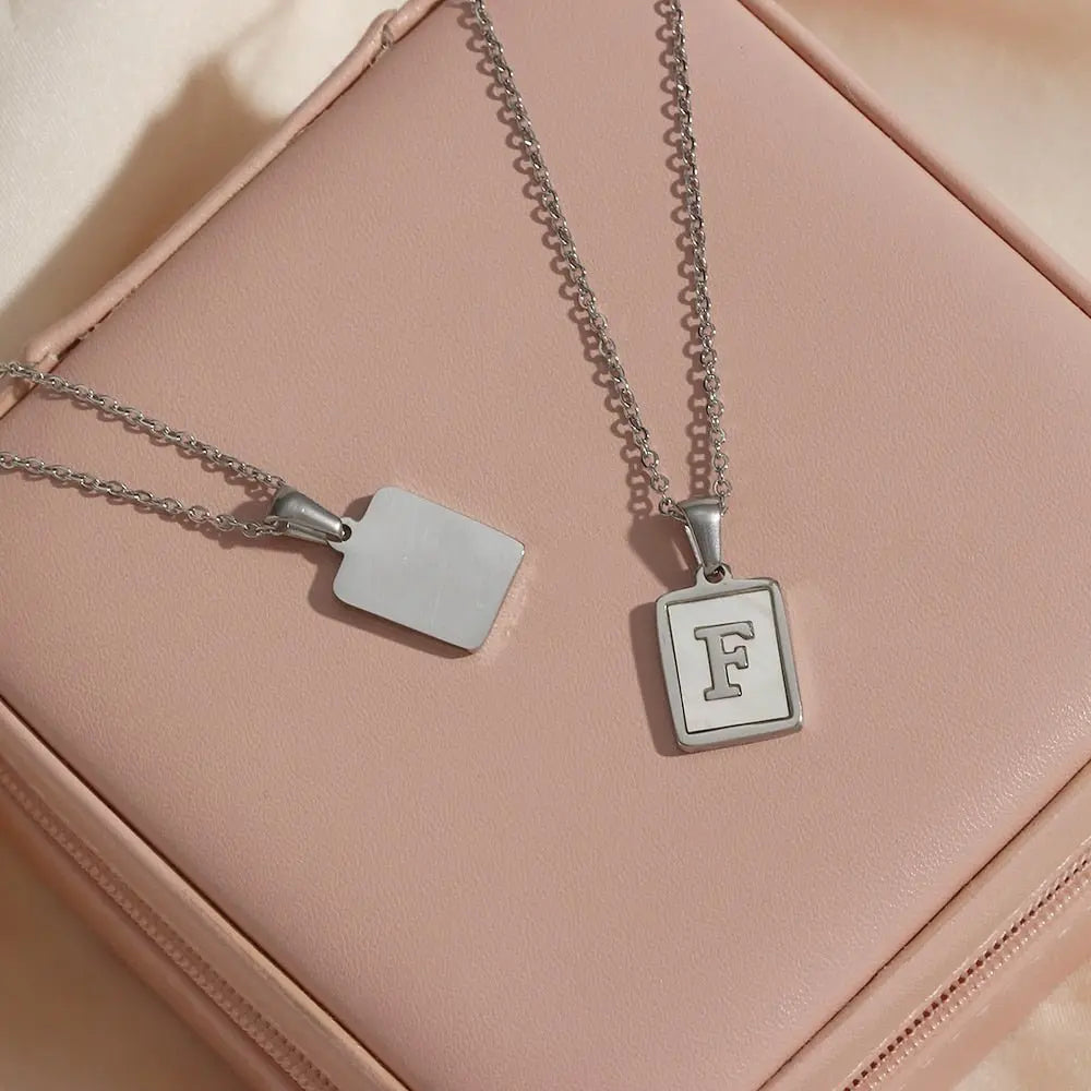 18K Golden Chain Necklaces Male Square Natural Shell Initial Letters Pendant Stainless Steel Jewelry nowadaysfashion