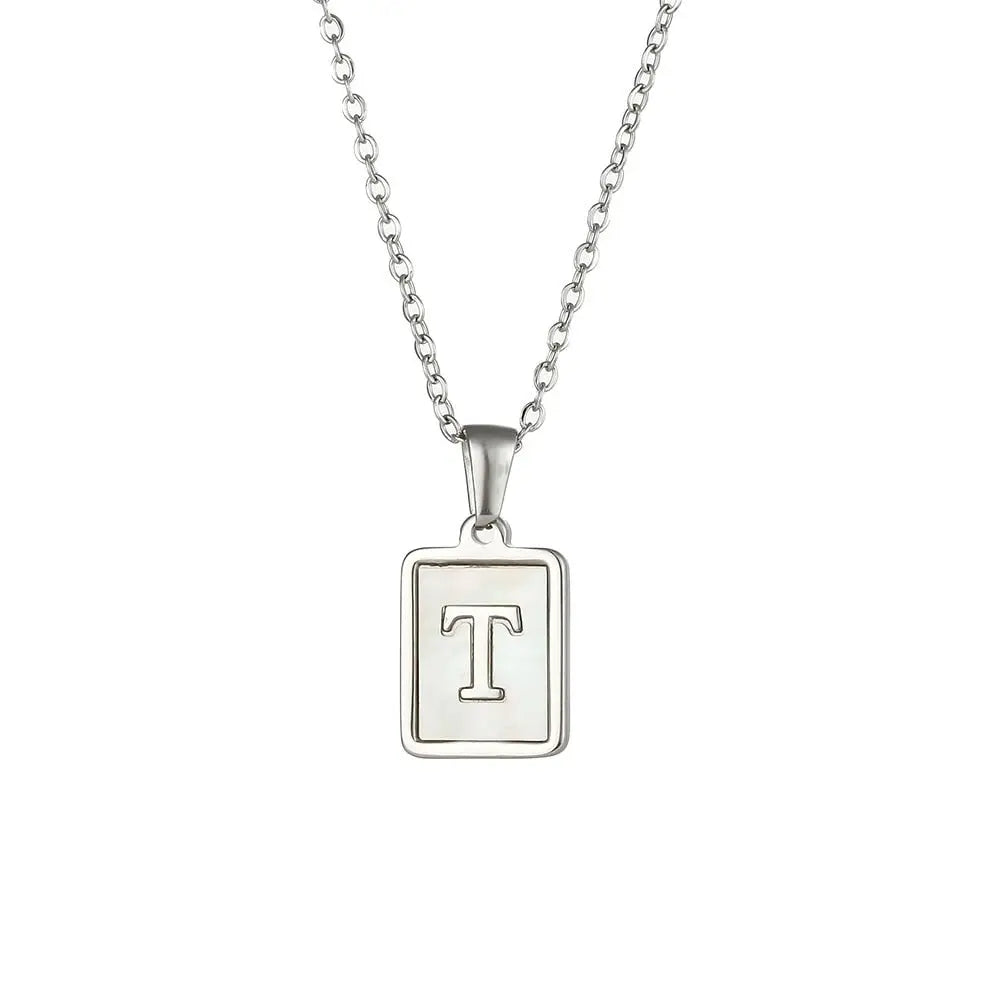 18K Golden Chain Necklaces Male Square Natural Shell Initial Letters Pendant Stainless Steel Jewelry nowadaysfashion