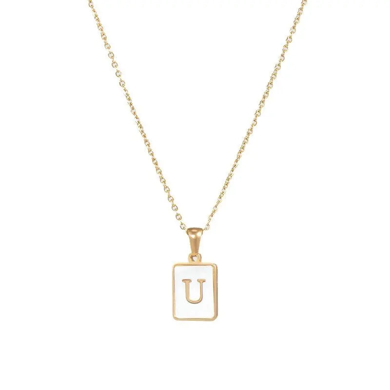 18K Golden Chain Necklaces Male Square Natural Shell Initial Letters Pendant Stainless Steel Jewelry - Blade & Thread