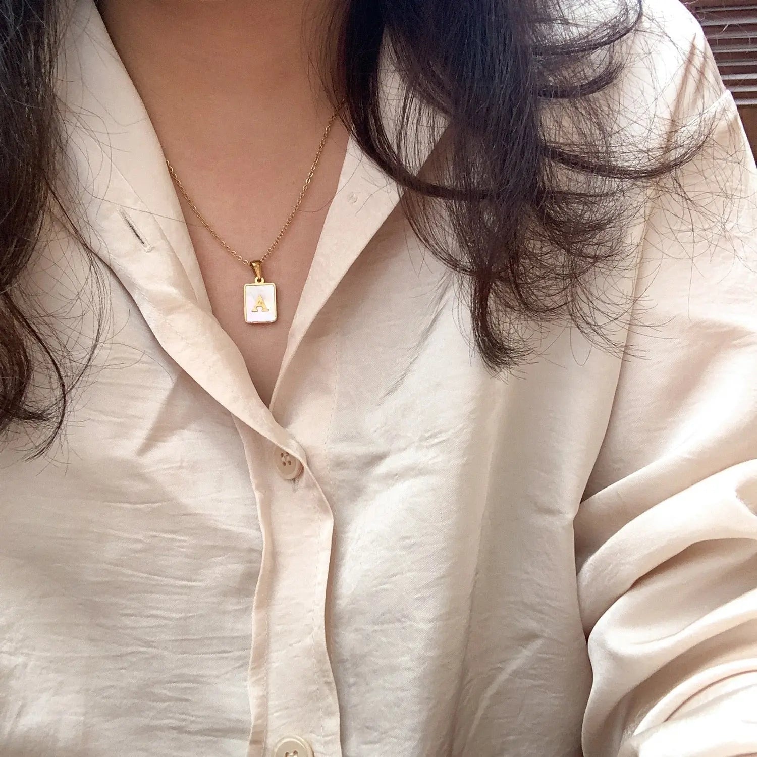 18K Golden Chain Necklaces Male Square Natural Shell Initial Letters Pendant Stainless Steel Jewelry nowadaysfashion