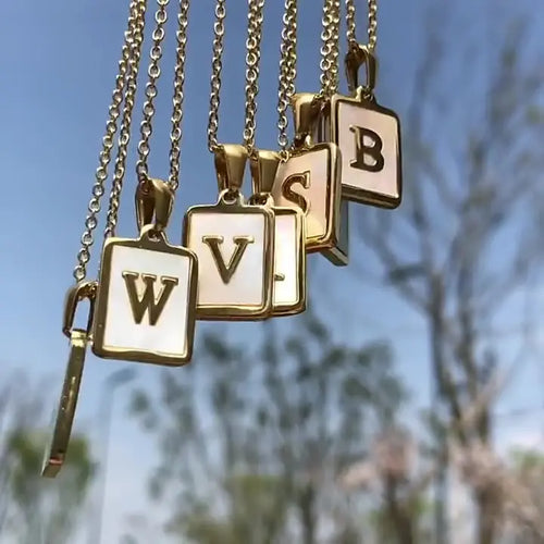 18K Golden Chain Necklaces Male Square Natural Shell Initial Letters Pendant Stainless Steel Jewelry nowadaysfashion
