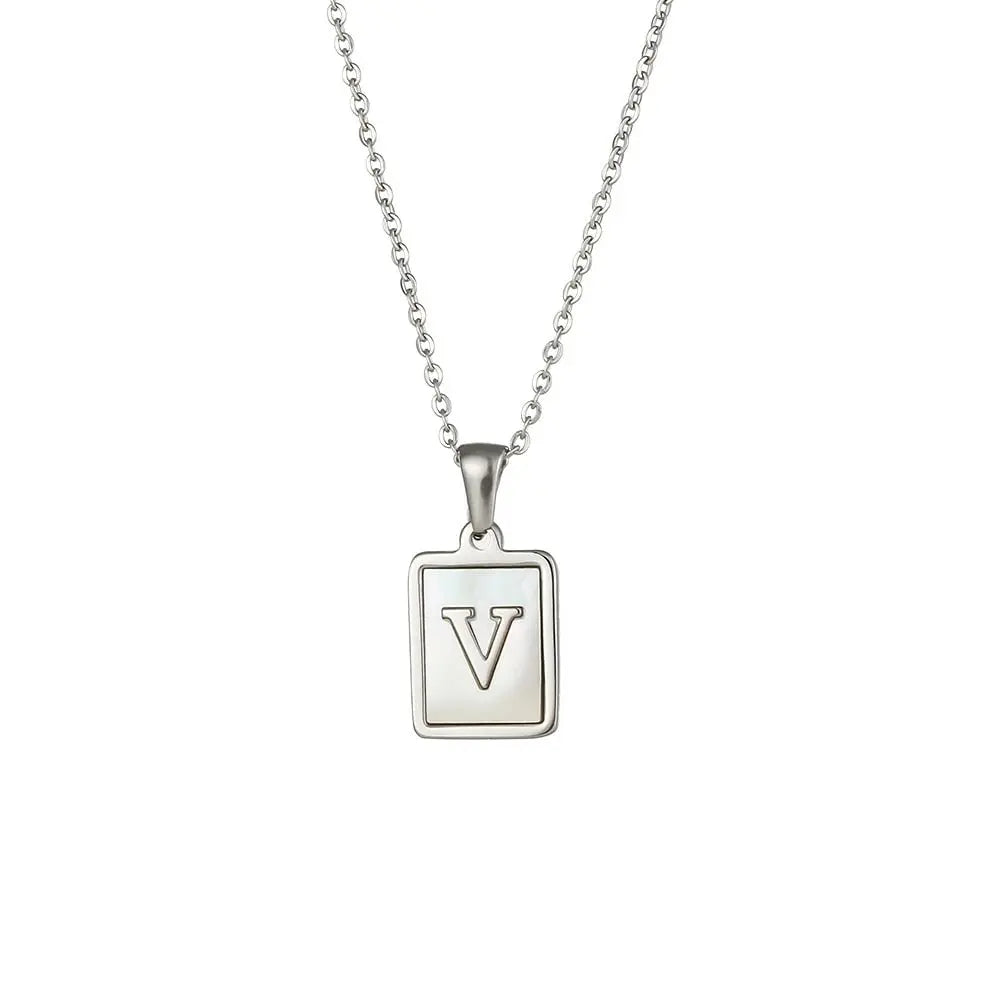 18K Golden Chain Necklaces Male Square Natural Shell Initial Letters Pendant Stainless Steel Jewelry - Blade & Thread