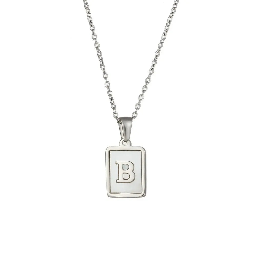 18K Golden Chain Necklaces Male Square Natural Shell Initial Letters Pendant Stainless Steel Jewelry nowadaysfashion