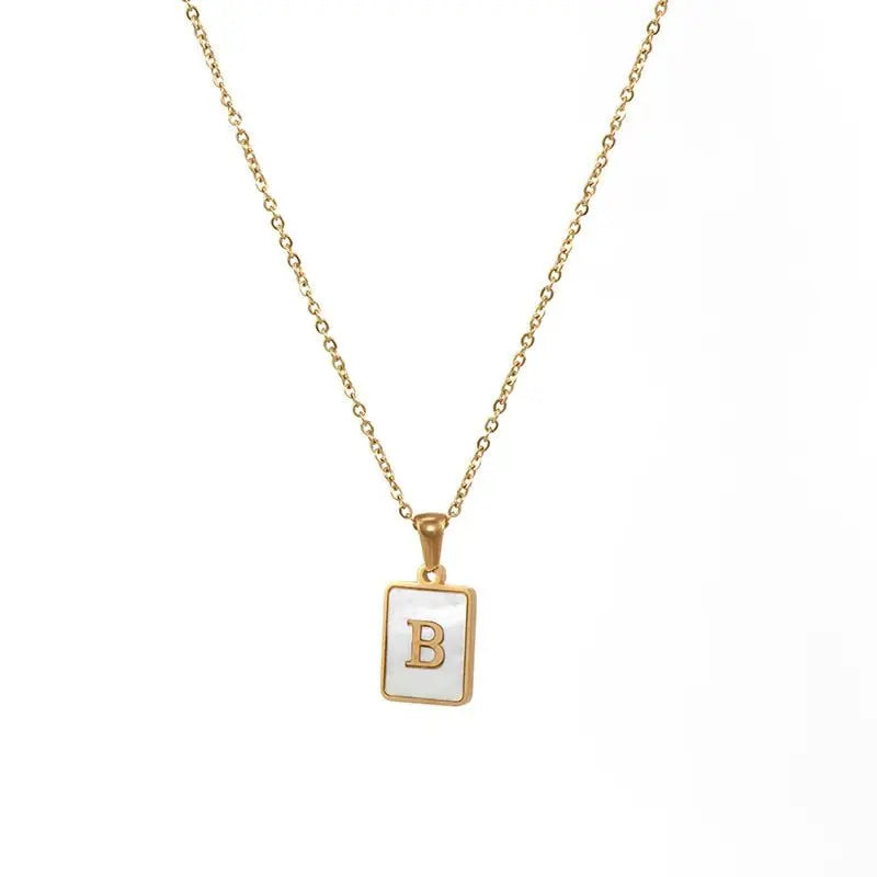 18K Golden Chain Necklaces Male Square Natural Shell Initial Letters Pendant Stainless Steel Jewelry - Blade & Thread
