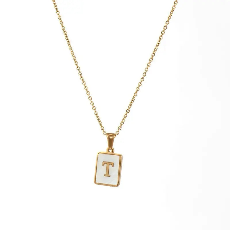 18K Golden Chain Necklaces Male Square Natural Shell Initial Letters Pendant Stainless Steel Jewelry - Blade & Thread