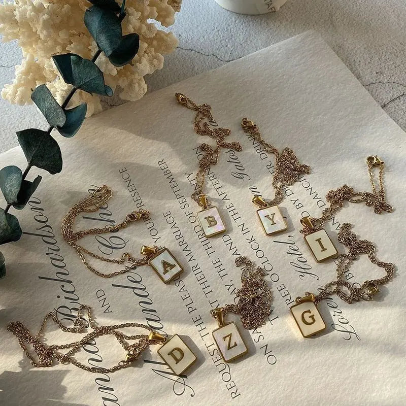 18K Golden Chain Necklaces Male Square Natural Shell Initial Letters Pendant Stainless Steel Jewelry - Blade & Thread