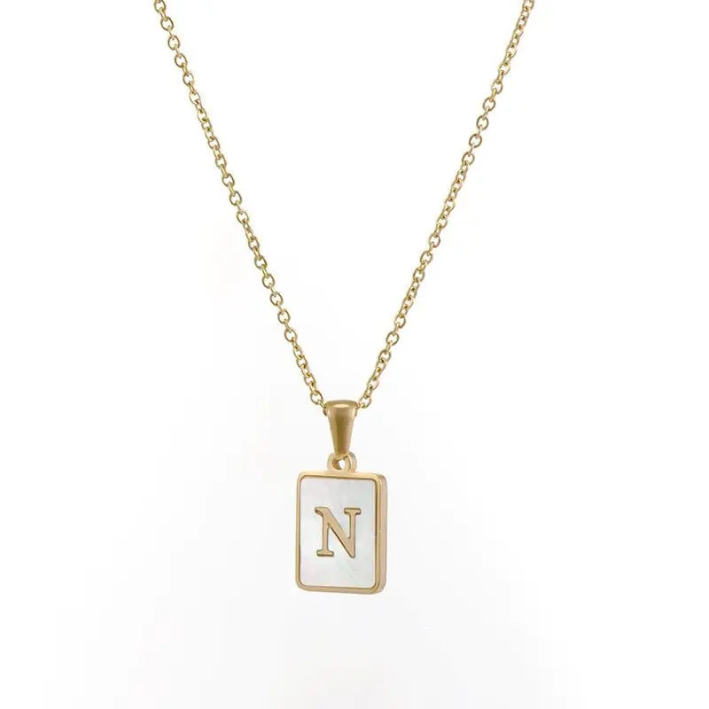 18K Golden Chain Necklaces Male Square Natural Shell Initial Letters Pendant Stainless Steel Jewelry nowadaysfashion