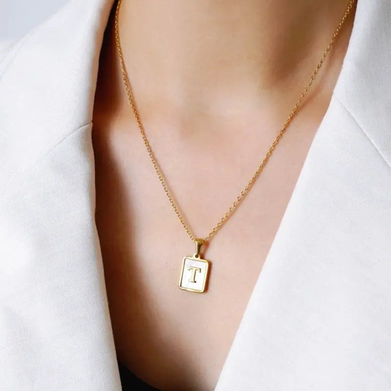18K Golden Chain Necklaces Male Square Natural Shell Initial Letters Pendant Stainless Steel Jewelry - Blade & Thread