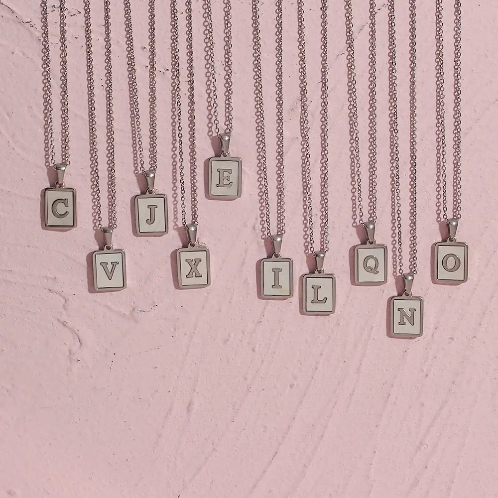 18K Golden Chain Necklaces Male Square Natural Shell Initial Letters Pendant Stainless Steel Jewelry nowadaysfashion
