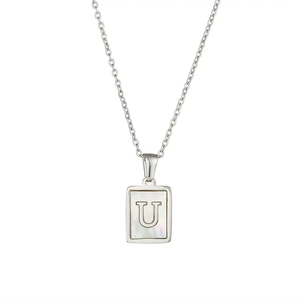 18K Golden Chain Necklaces Male Square Natural Shell Initial Letters Pendant Stainless Steel Jewelry - Blade & Thread