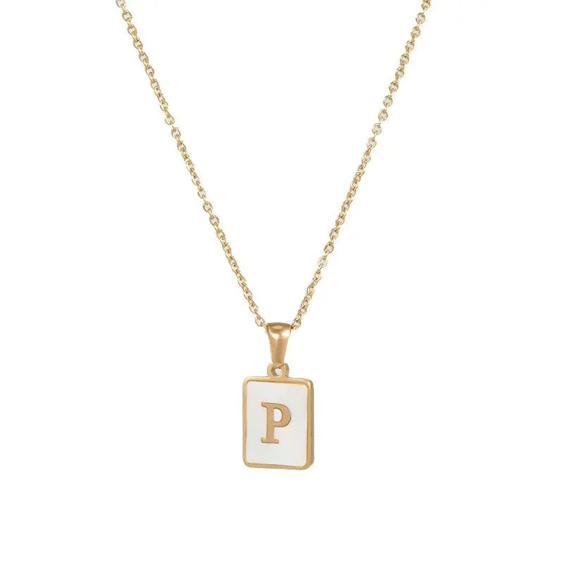 18K Golden Chain Necklaces Male Square Natural Shell Initial Letters Pendant Stainless Steel Jewelry nowadaysfashion