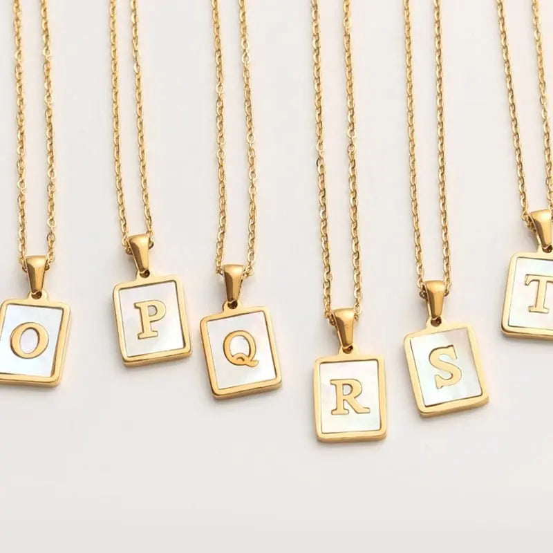 18K Golden Chain Necklaces Male Square Natural Shell Initial Letters Pendant Stainless Steel Jewelry - Blade & Thread