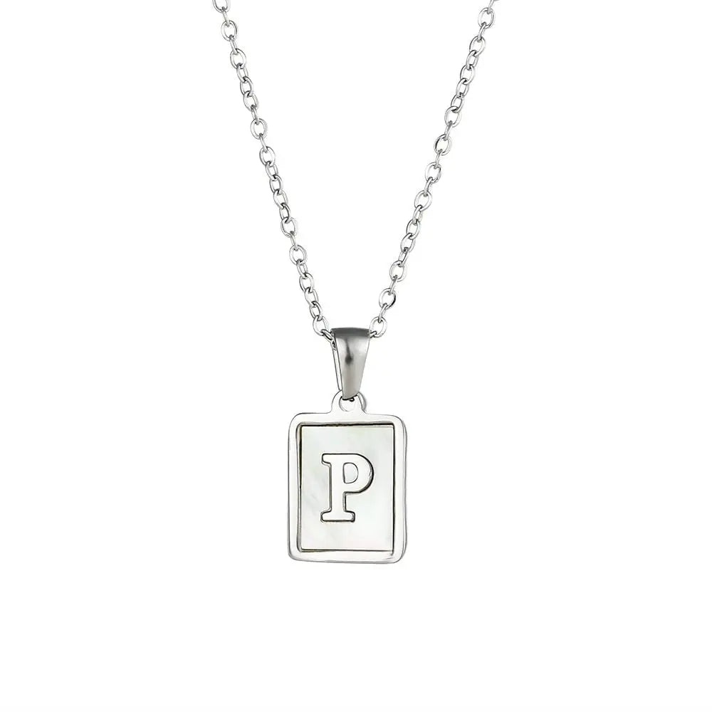 18K Golden Chain Necklaces Male Square Natural Shell Initial Letters Pendant Stainless Steel Jewelry - Blade & Thread