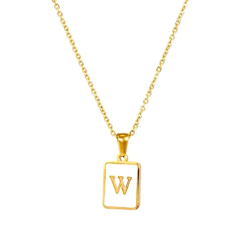 18K Golden Chain Necklaces Male Square Natural Shell Initial Letters Pendant Stainless Steel Jewelry - Blade & Thread