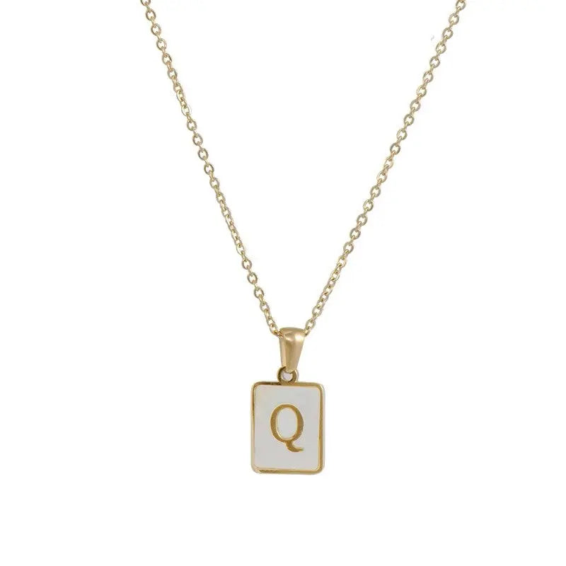 18K Golden Chain Necklaces Male Square Natural Shell Initial Letters Pendant Stainless Steel Jewelry nowadaysfashion