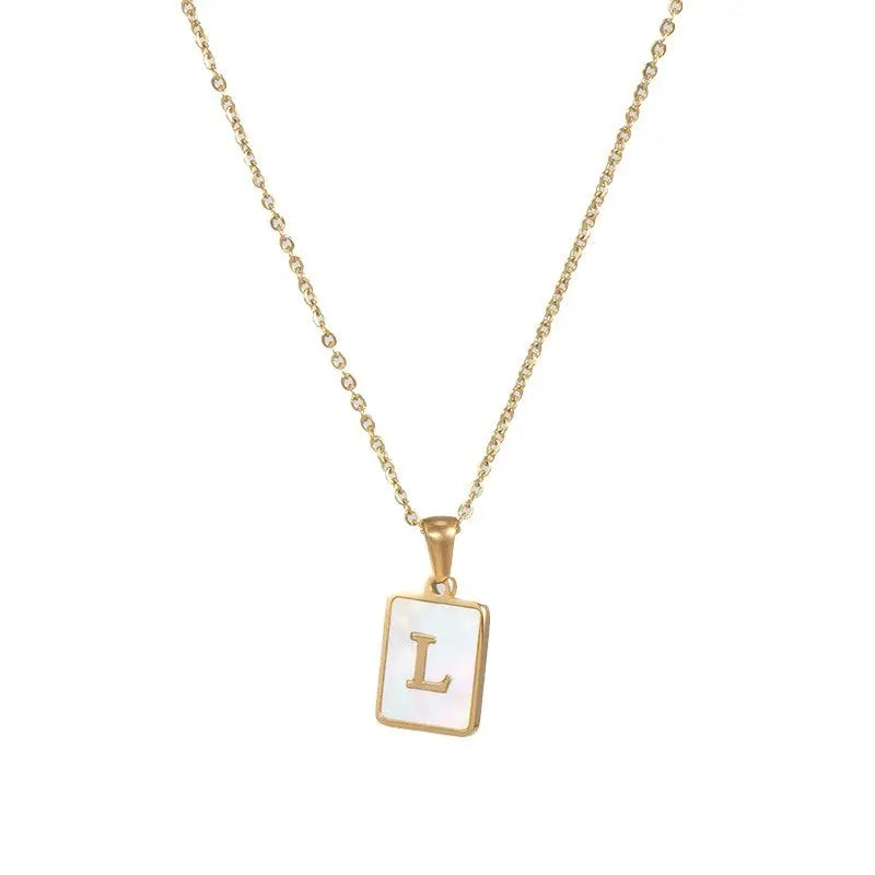 18K Golden Chain Necklaces Male Square Natural Shell Initial Letters Pendant Stainless Steel Jewelry - Blade & Thread
