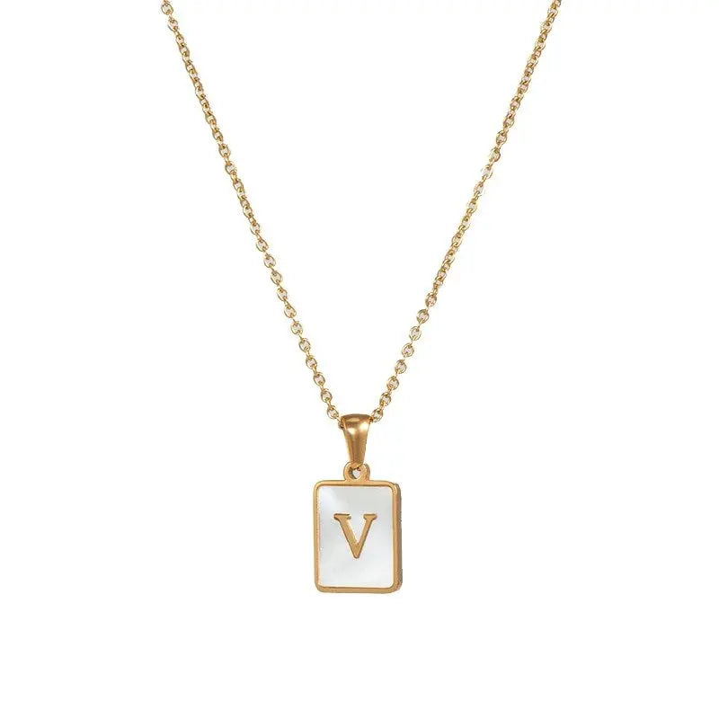 18K Golden Chain Necklaces Male Square Natural Shell Initial Letters Pendant Stainless Steel Jewelry - Blade & Thread