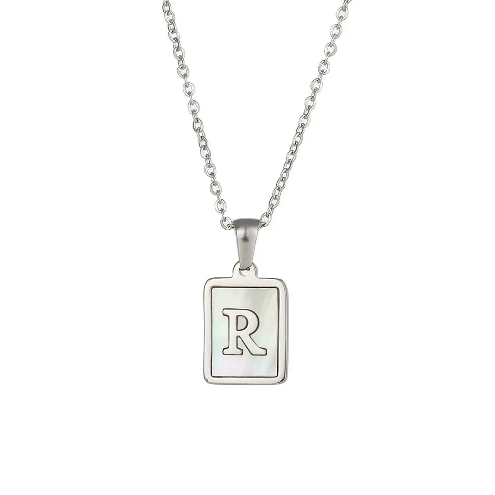 18K Golden Chain Necklaces Male Square Natural Shell Initial Letters Pendant Stainless Steel Jewelry - Blade & Thread